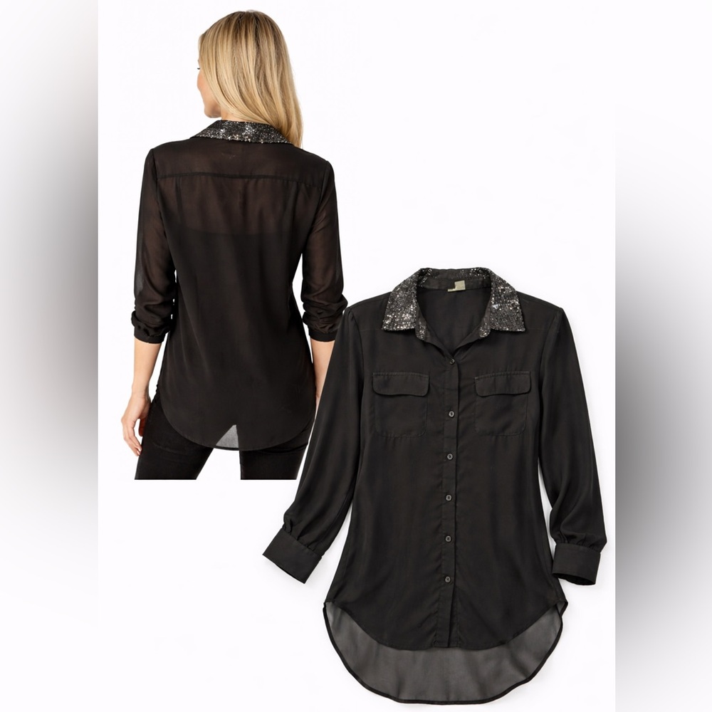 Black Sheer Button-Up Blouse w/ Sequin Collar | Chic Dressy Top - Picture 2 of 4